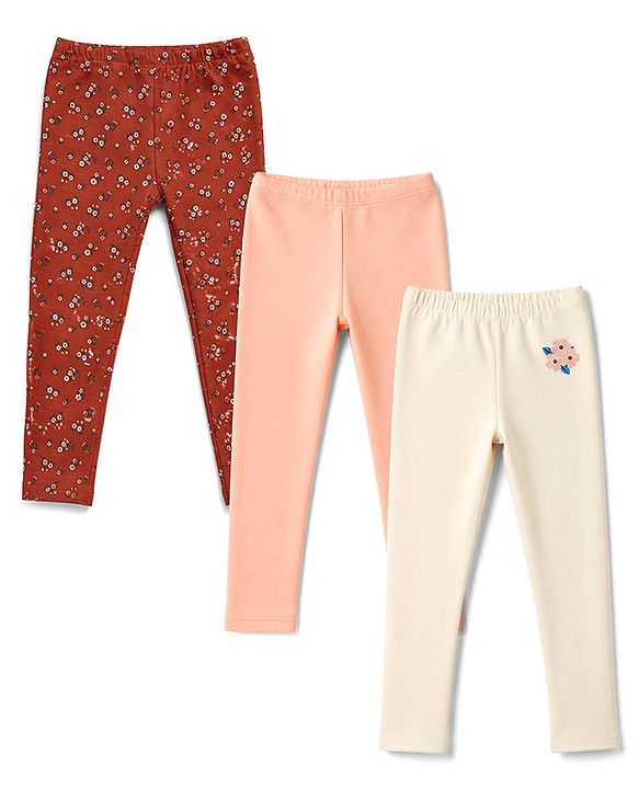 Babyhug Cotton Elastane Knit Full Length Lycra Leggings With Floral Print Pack of 3 - Red Pink Cream