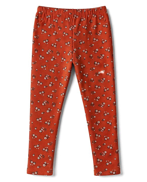 Babyhug Cotton Elastane Knit Full Length Lycra Leggings With Floral Print Pack of 3 - Red Pink Cream