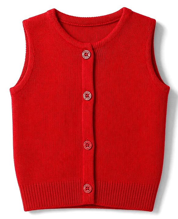Babyhug Knit Sleeveless Solid Front Open Sweater - Red