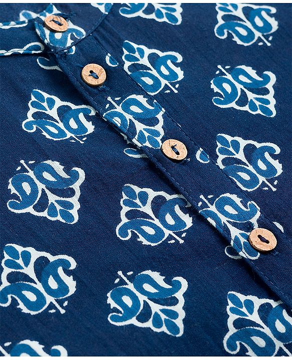 Pine Kids Cotton Woven Full Sleeves Kolka Printed Kurta - Navy Blue