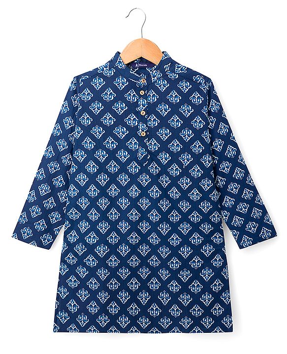 Pine Kids Cotton Woven Full Sleeves Kolka Printed Kurta - Navy Blue