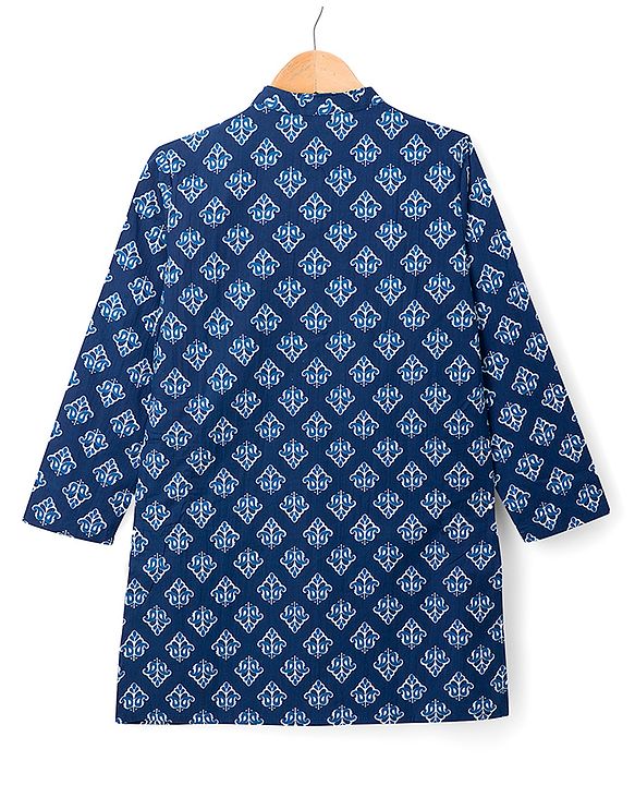 Pine Kids Cotton Woven Full Sleeves Kolka Printed Kurta - Navy Blue