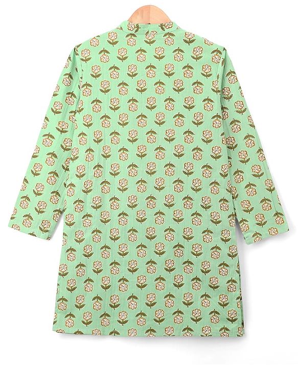 Pine Kids Cotton Woven Full Sleeves Kurta With Floral Print - Light Green