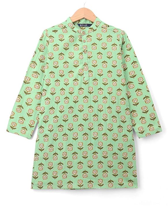 Pine Kids Cotton Woven Full Sleeves Kurta With Floral Print - Light Green