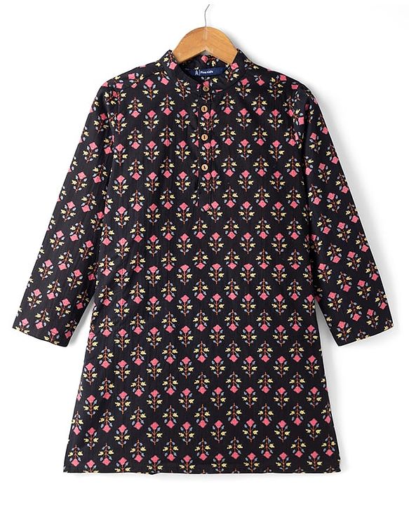 Pine Kids 100% Cotton Woven Full Sleeves Floral Printed Kurta - Black