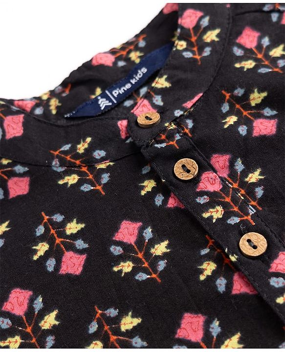 Pine Kids 100% Cotton Woven Full Sleeves Floral Printed Kurta - Black