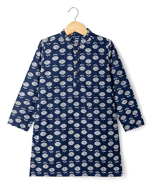 Pine Kids Cotton Woven Full Sleeves Floral Printed Kurta - Navy Blue