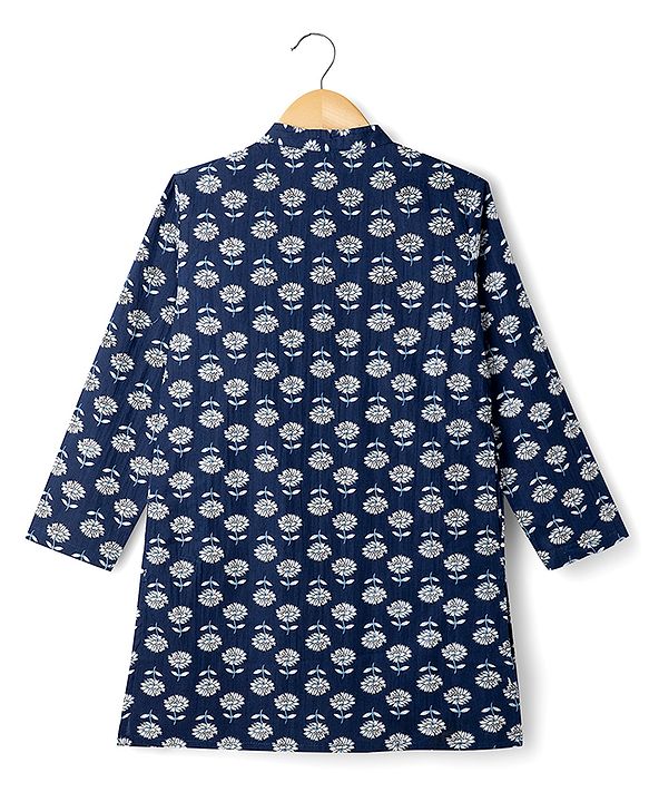 Pine Kids Cotton Woven Full Sleeves Floral Printed Kurta - Navy Blue