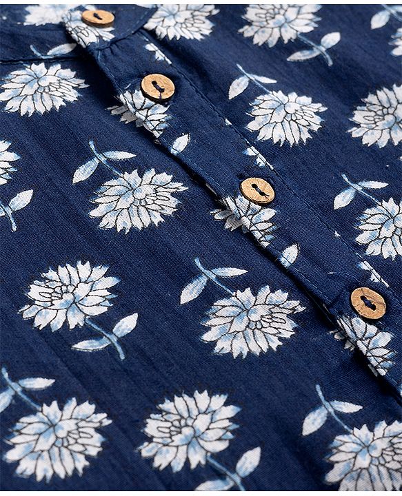 Pine Kids Cotton Woven Full Sleeves Floral Printed Kurta - Navy Blue