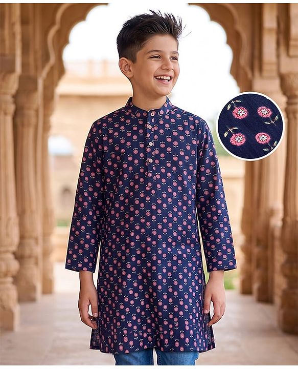 Pine Kids Cotton Woven Full Sleeves Floral Printed Kurta - Navy