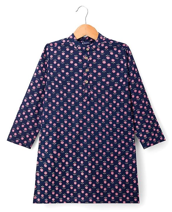 Pine Kids Cotton Woven Full Sleeves Floral Printed Kurta - Navy