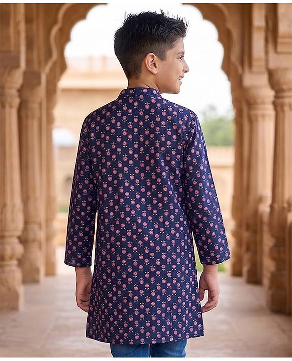 Pine Kids Cotton Woven Full Sleeves Floral Printed Kurta - Navy