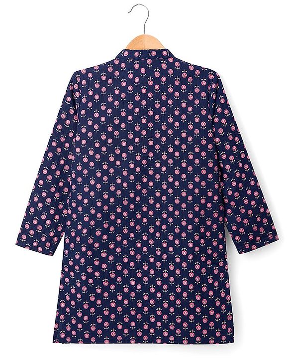 Pine Kids Cotton Woven Full Sleeves Floral Printed Kurta - Navy