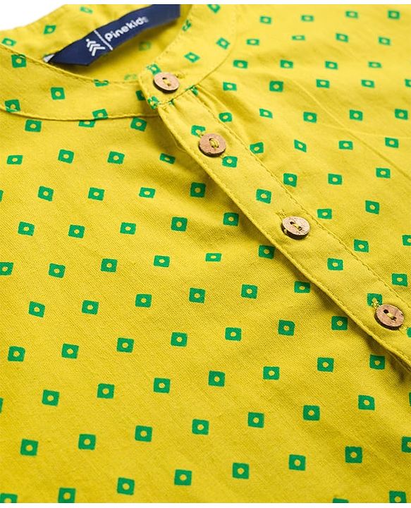 Pine Kids 100% Cotton Woven Full Sleeves Printed Kurta - Lime Green