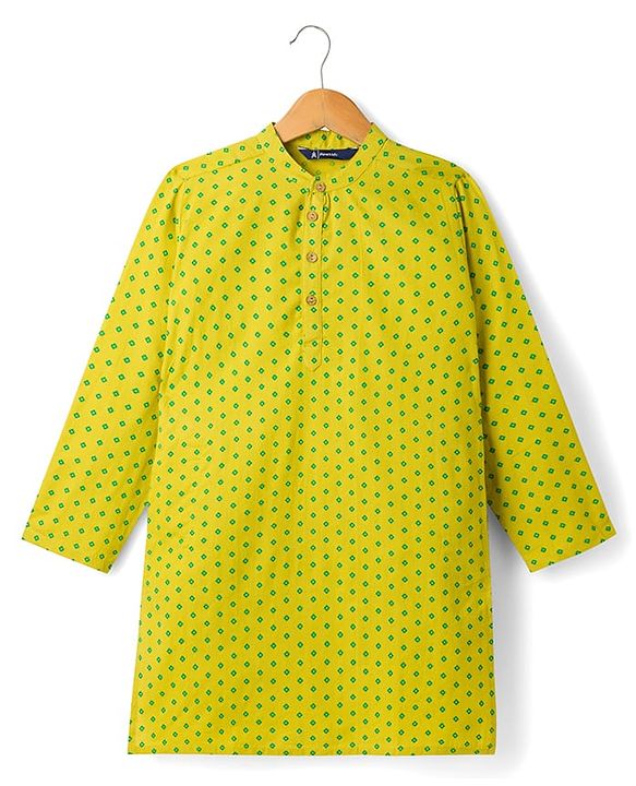 Pine Kids 100% Cotton Woven Full Sleeves Printed Kurta - Lime Green