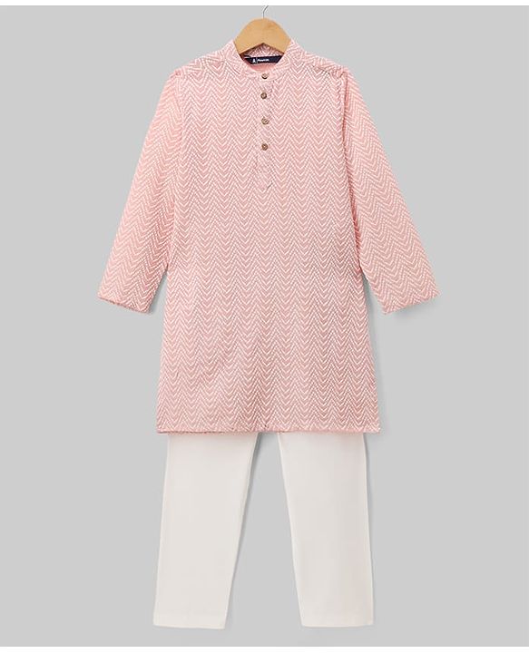 Pine Kids Cotton Woven Full Sleeves Zig Zag Printed Kurta Pyjama Set - Light Pink