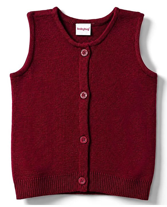 Babyhug Knit Sleeveless Front Open Sweater in Maroon