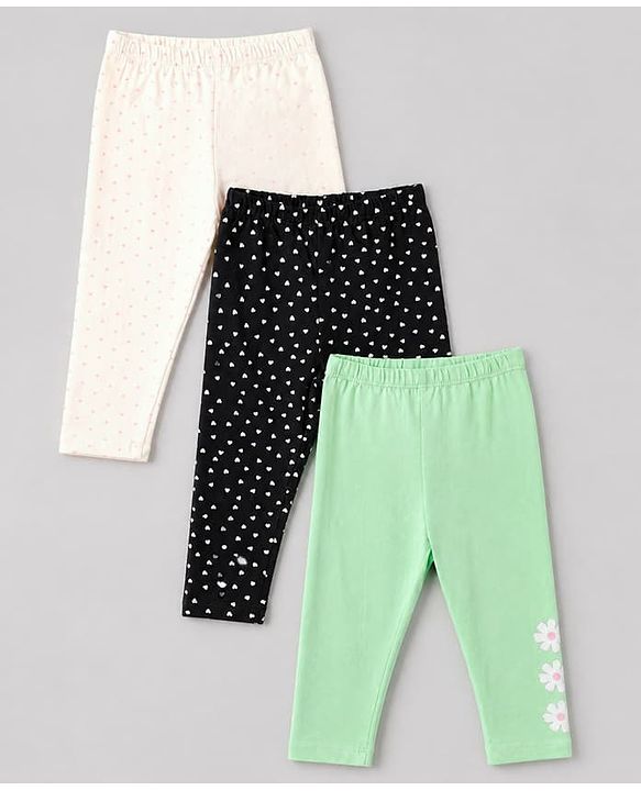Babyhug Cotton Lycra Elastane Knit Slim Fit Full Length Leggings with Hearts, Floral & Polka Dots Print Pack of 3 - White, Black & Light Green
