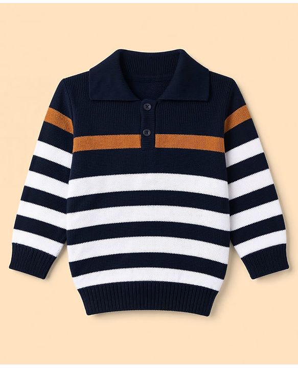 Babyhug Knit Full Sleeves Striped Sweater Set - Navy Blue