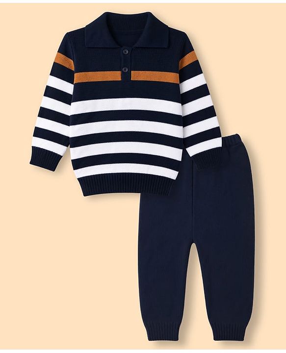 Babyhug Knit Full Sleeves Striped Sweater Set - Navy Blue