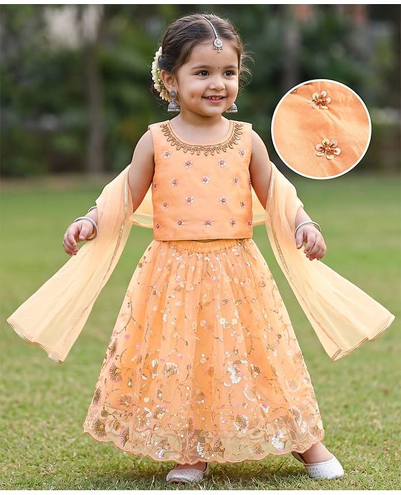 Babyhug Net Woven Sleeveless Chanderi Lehenga Choli and Dupatta Set With  Floral Embroidery & Sequin Detailing - Peach