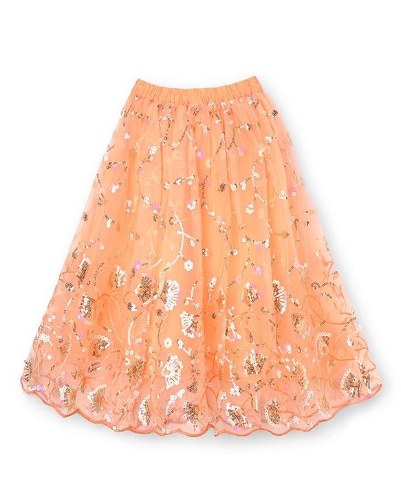 Babyhug Net Woven Sleeveless Chanderi Lehenga Choli and Dupatta Set With  Floral Embroidery & Sequin Detailing - Peach