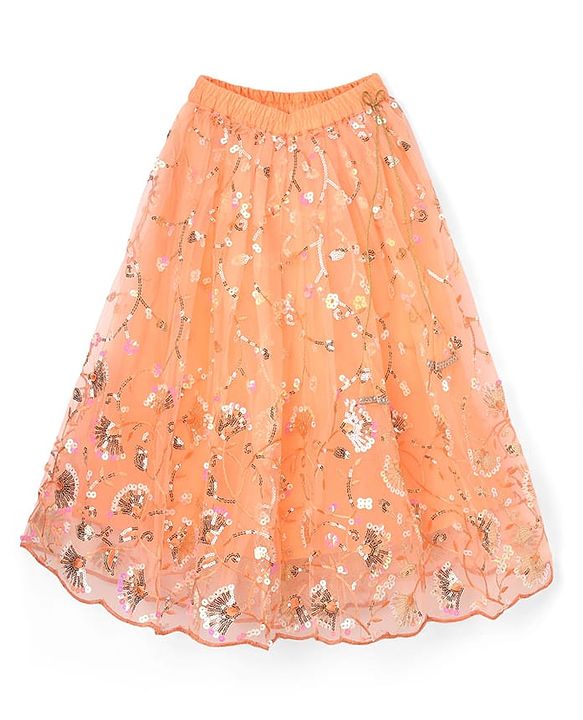 Babyhug Net Woven Sleeveless Chanderi Lehenga Choli and Dupatta Set With  Floral Embroidery & Sequin Detailing - Peach