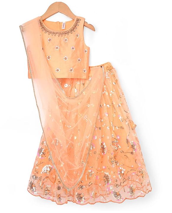 Babyhug Net Woven Sleeveless Chanderi Lehenga Choli and Dupatta Set With  Floral Embroidery & Sequin Detailing - Peach