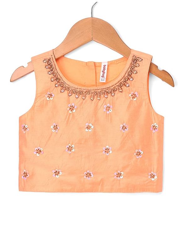 Babyhug Net Woven Sleeveless Chanderi Lehenga Choli and Dupatta Set With  Floral Embroidery & Sequin Detailing - Peach