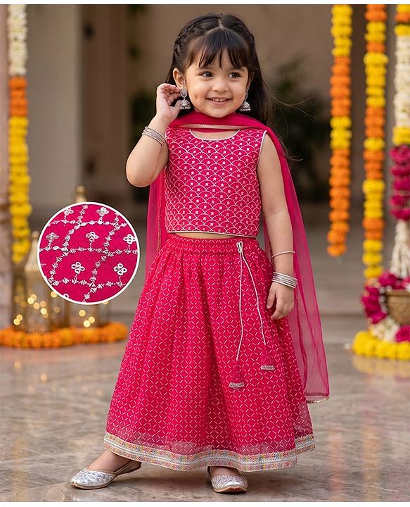 Babyhug Net Woven Sleeveless Chanderi Embroidered Lehenga Choli & Dupatta Set - Fuchsia
