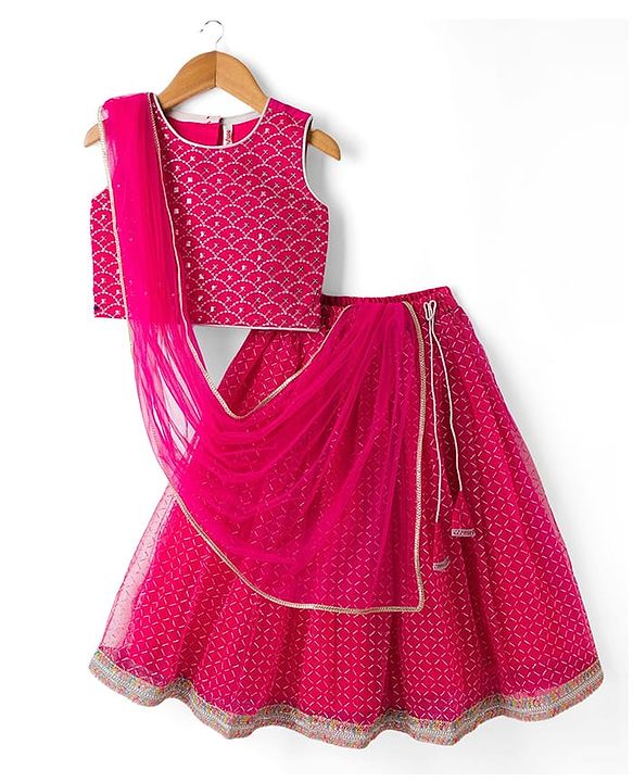 Babyhug Net Woven Sleeveless Chanderi Embroidered Lehenga Choli & Dupatta Set - Fuchsia