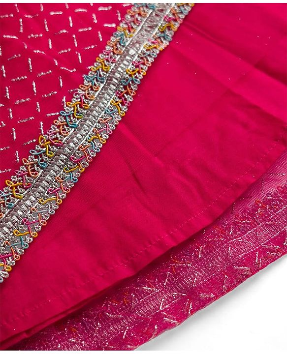 Babyhug Net Woven Sleeveless Chanderi Embroidered Lehenga Choli & Dupatta Set - Fuchsia