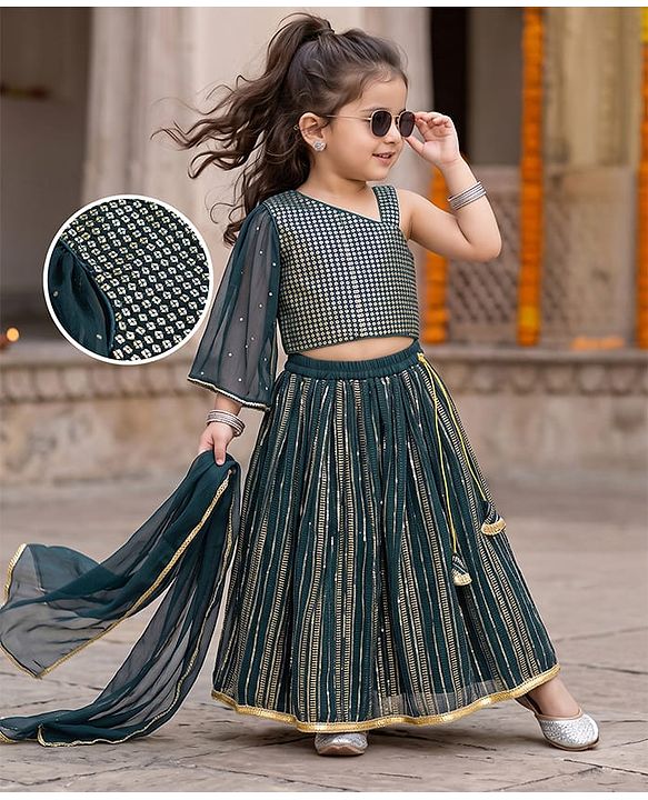 Babyhug Georgette Woven Sleeveless Sequinned & Embroidered Lehenga Choli and Dupatta Set - Teal Blue