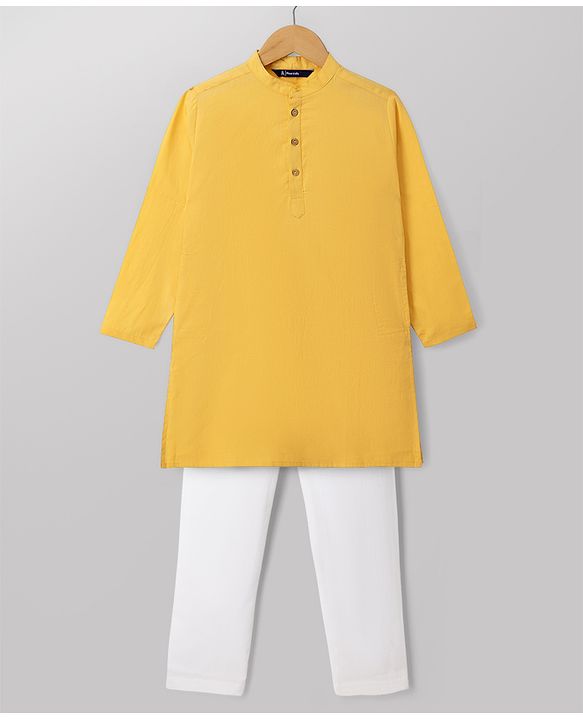 Pine Kids Cotton Woven Full Sleeves Solid Kurta Pyjama Set - Mustard