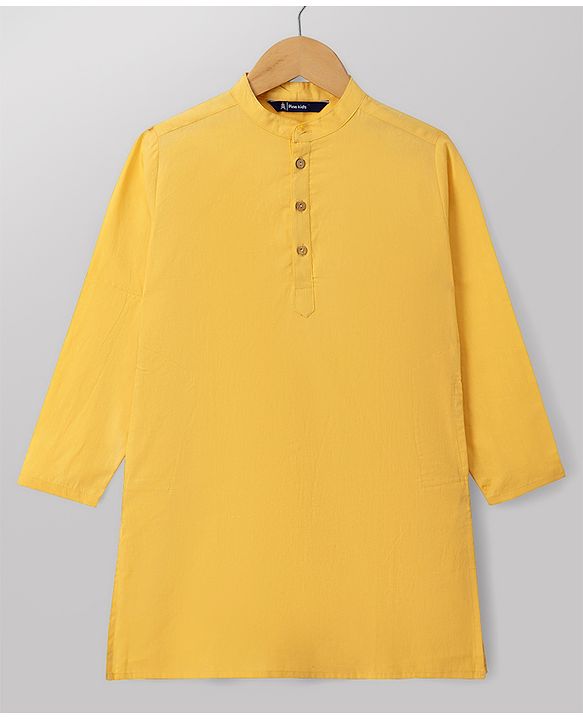 Pine Kids Cotton Woven Full Sleeves Solid Kurta Pyjama Set - Mustard
