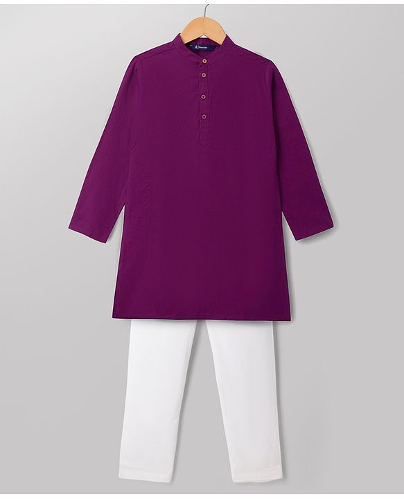 Pine Kids Cotton Woven Full Sleeves Solid Kurta Pyjama Set - Wine