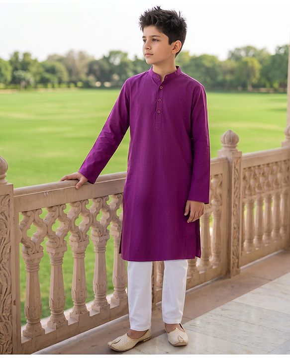 Pine Kids Cotton Woven Full Sleeves Solid Kurta Pyjama Set - Wine