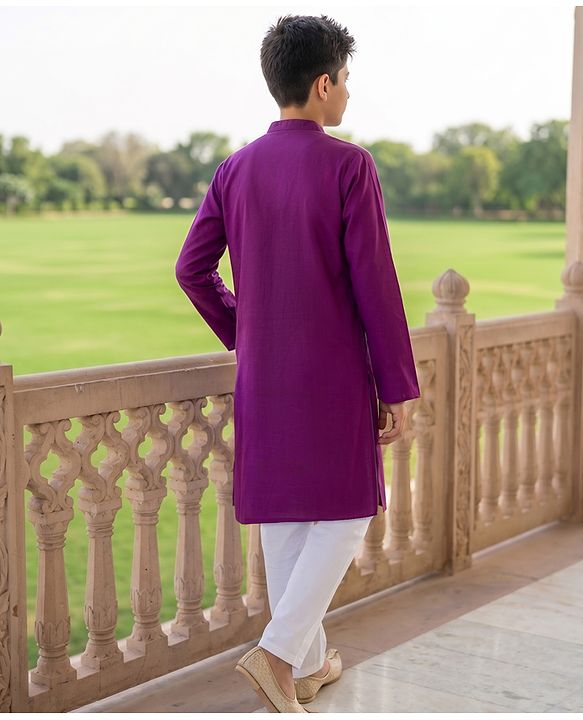 Pine Kids Cotton Woven Full Sleeves Solid Kurta Pyjama Set - Wine