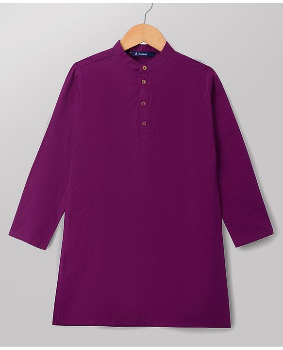 Pine Kids Cotton Woven Full Sleeves Solid Kurta Pyjama Set - Wine