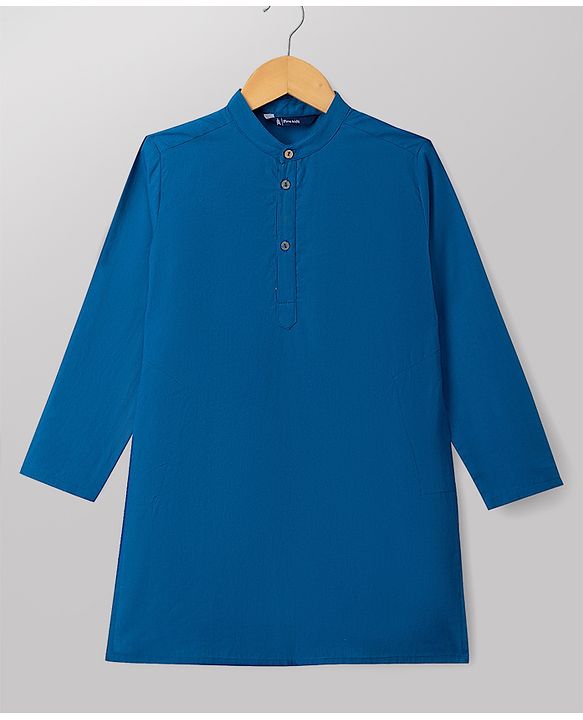 Pine Kids Cotton Woven Full Sleeves Solid Kurta Pyjama Set - Navy Blue