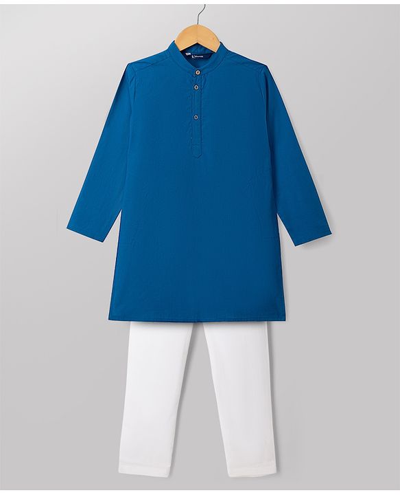 Pine Kids Cotton Woven Full Sleeves Solid Kurta Pyjama Set - Navy Blue