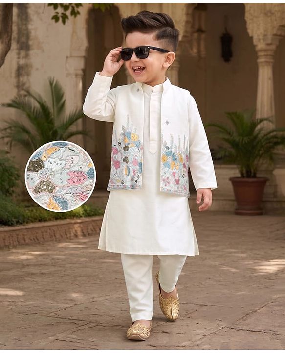 Babyhug Woven Full Sleeves Kurta Pyjama Set and Floral Embroidered Jacket With Sequin Detailing - Offwhite