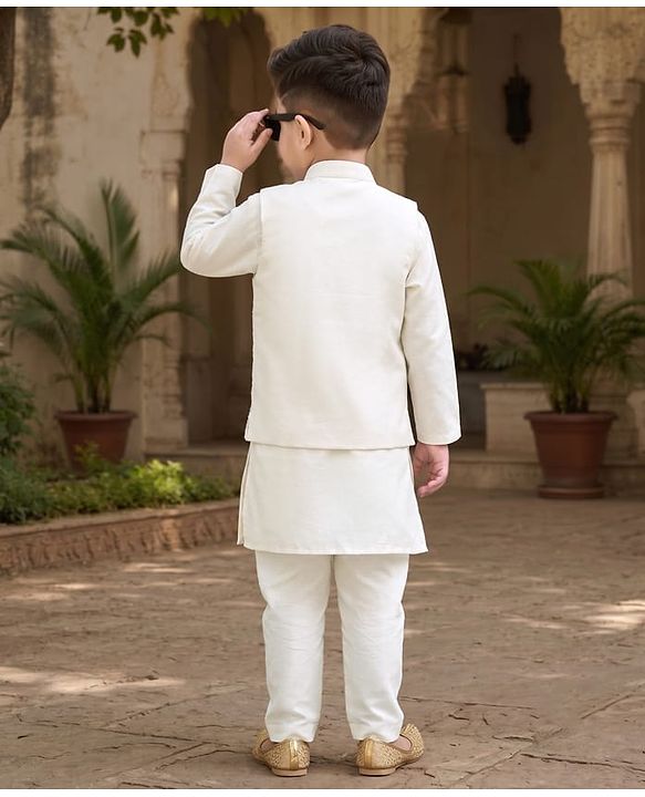 Babyhug Woven Full Sleeves Kurta Pyjama Set and Floral Embroidered Jacket With Sequin Detailing - Offwhite