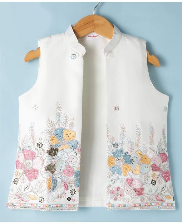 Babyhug Woven Full Sleeves Kurta Pyjama Set and Floral Embroidered Jacket With Sequin Detailing - Offwhite