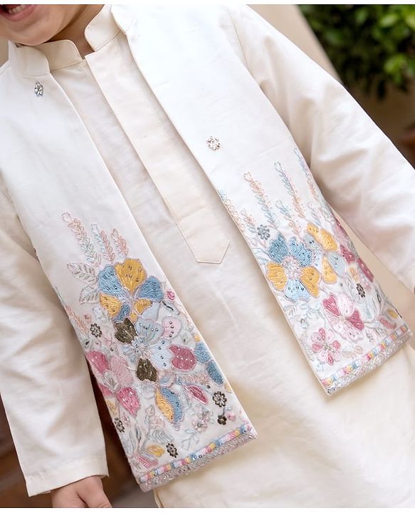 Babyhug Woven Full Sleeves Kurta Pyjama Set and Floral Embroidered Jacket With Sequin Detailing - Offwhite