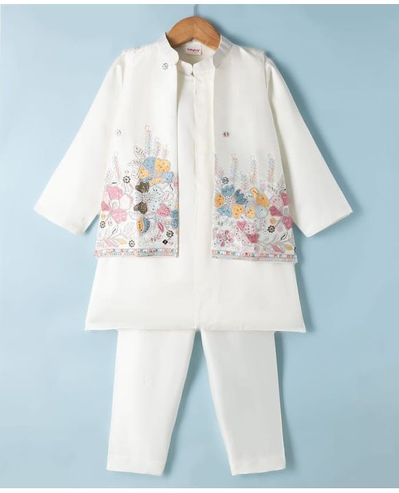 Babyhug Woven Full Sleeves Kurta Pyjama Set and Floral Embroidered Jacket With Sequin Detailing - Offwhite
