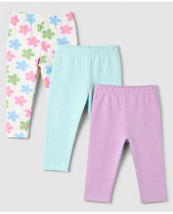 Babyhug Cotton Lycra Elastane Knit Slim Fit Full Length Solid Leggings with Floral Print Pack of 3 - White, Lilac & Light Blue