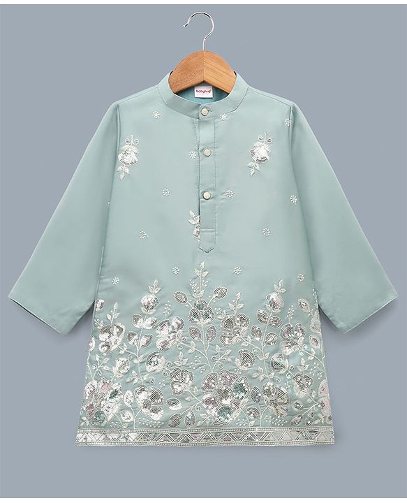 Babyhug Woven Full Sleeves Floral Embroidered & Sequin Detailing Kurta Pyjama Set - Sea Green