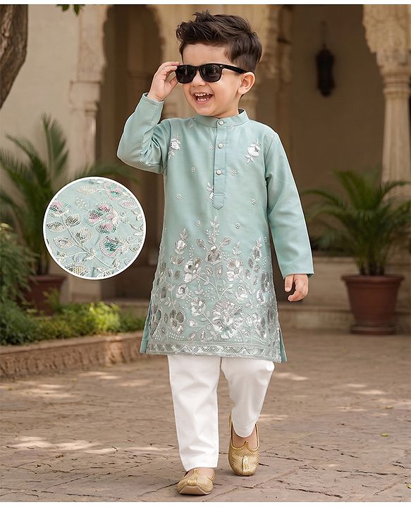 Babyhug Woven Full Sleeves Floral Embroidered & Sequin Detailing Kurta Pyjama Set - Sea Green