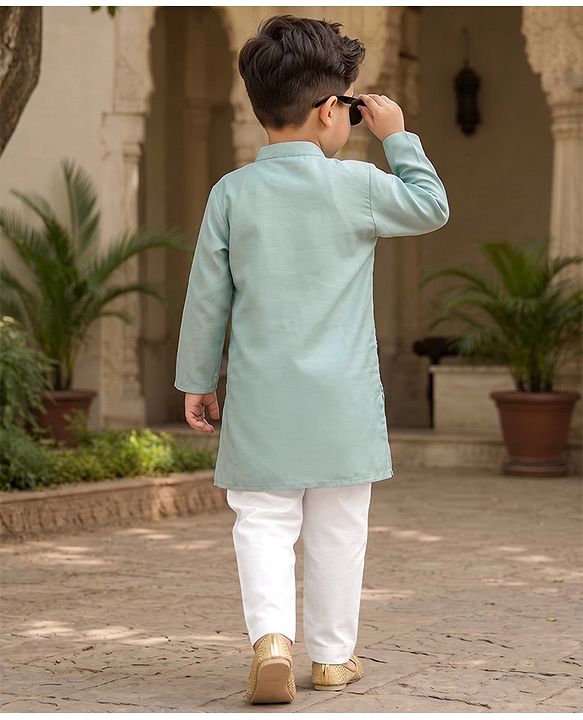 Babyhug Woven Full Sleeves Floral Embroidered & Sequin Detailing Kurta Pyjama Set - Sea Green